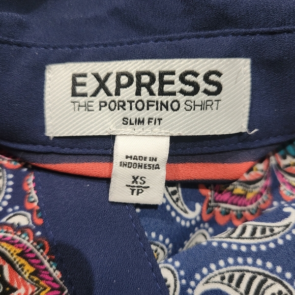 Express Women's Portofino Slim Fit Boho Paisley Button Up Shirt XS Blue Red - Picture 9 of 10
